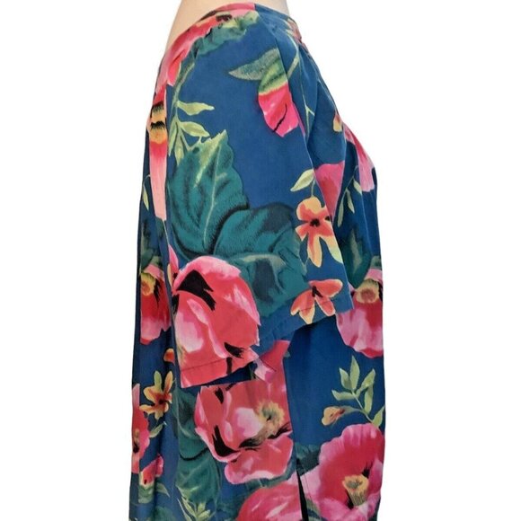 Vintage Ladies Mumu Dress w Pockets Tropical Floral MED Cotton Midi Blue w Pink - Picture 5 of 12